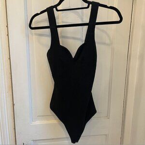 Abercrombie & Fitch Black V-Neck Bodysuit with Sleek Straps - Size Medium